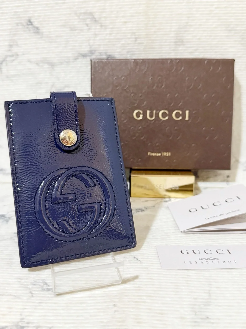 Gucci Soho Patent Leather Card Holder in Deep Navy with Snap